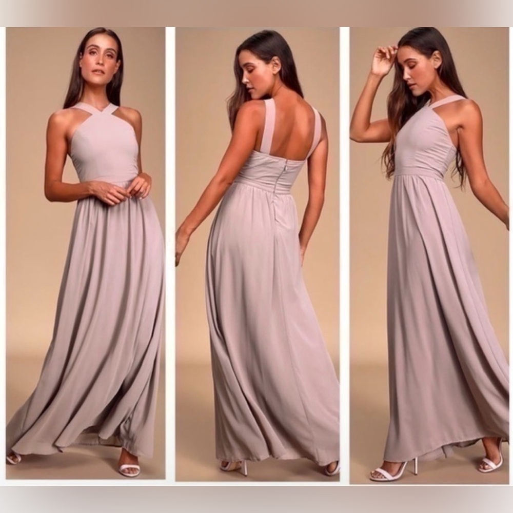 Lulus Dress Women’s‎ L Air Of Romance Maxi Light Pink Taupe Halter Wedding Prom